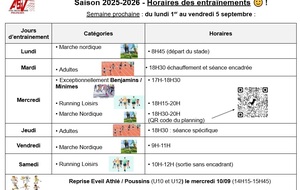 Horaires des entraînements Saison 2025-2026