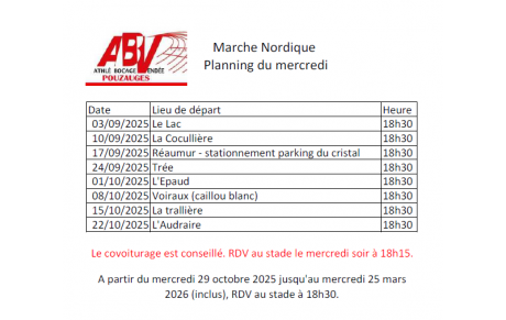 Planning de Marche Nordique du mercredi à compter de la rentrée