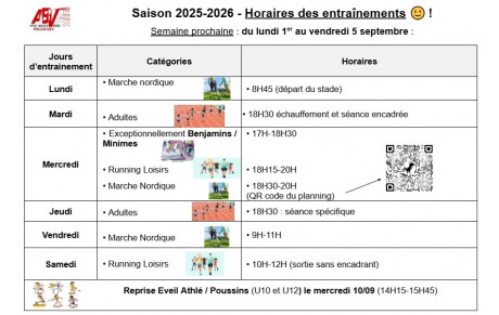 Horaires des entraînements Saison 2025-2026