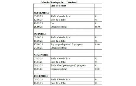 Marche Nordique - Planning du vendredi