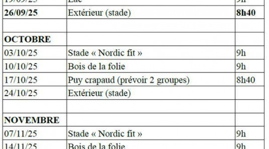 Marche Nordique - Planning du vendredi